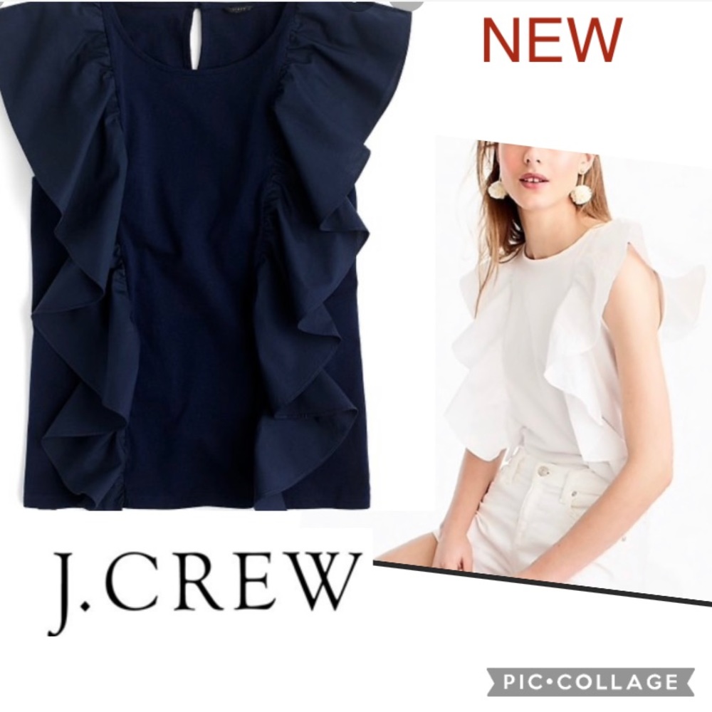 NEW j.crew ruffled  sleeves short navy cotton top- summer